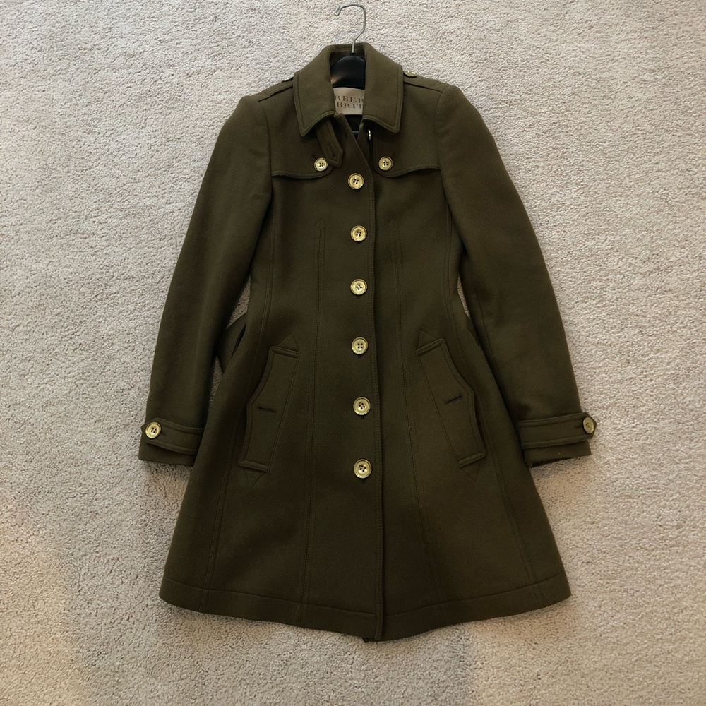 Burberry Brit Olive Green Wool-blend Trench Coat US SZ 2